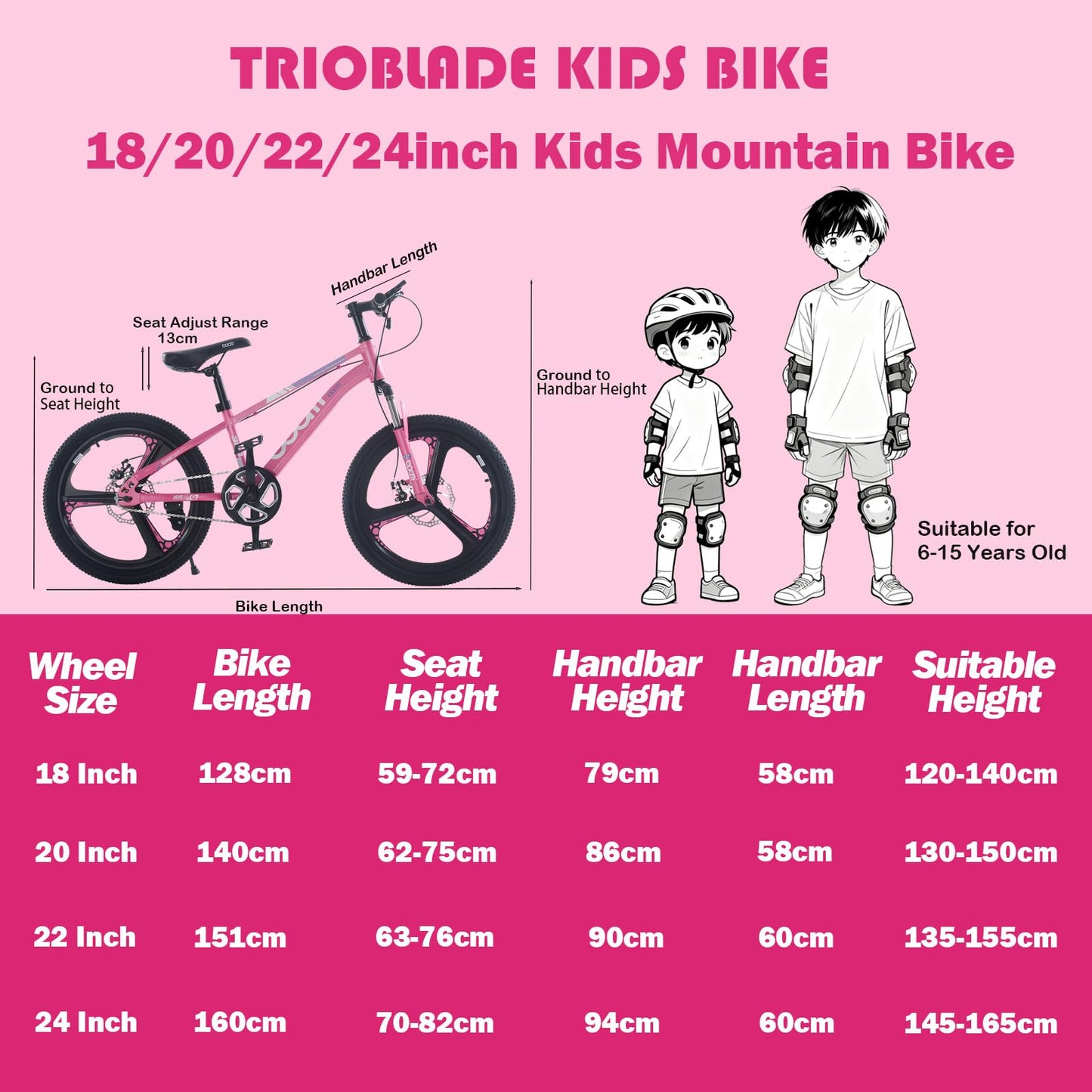 TRIOBLADE Kids Bike 18/20/22/24inch Kids Mountain Bike for Boys and Girls 6-15 Years Old Junior Mountain Bikes 3 Spoke Wheels Children Bicycle with Shock Absorber Dual Disc Brake(Pink, 20inch)