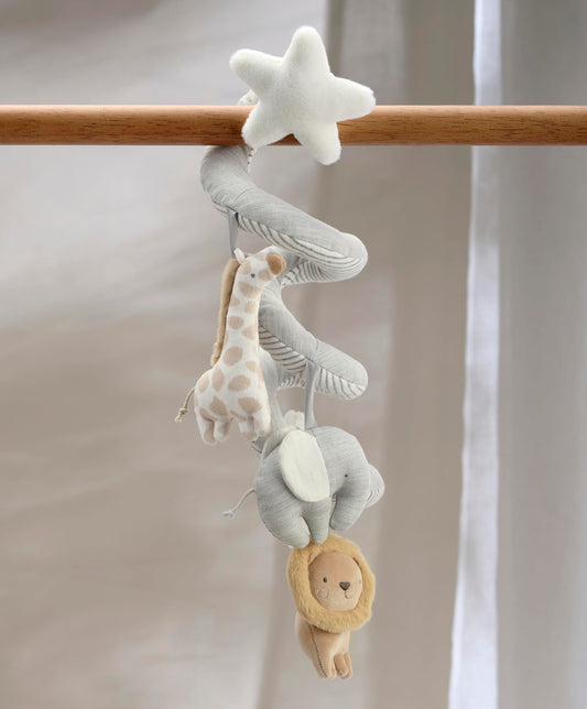 Mamas & Papas Welcome to the World spiral activity toy with giraffe, elephant, and lion for babies and toddlers.