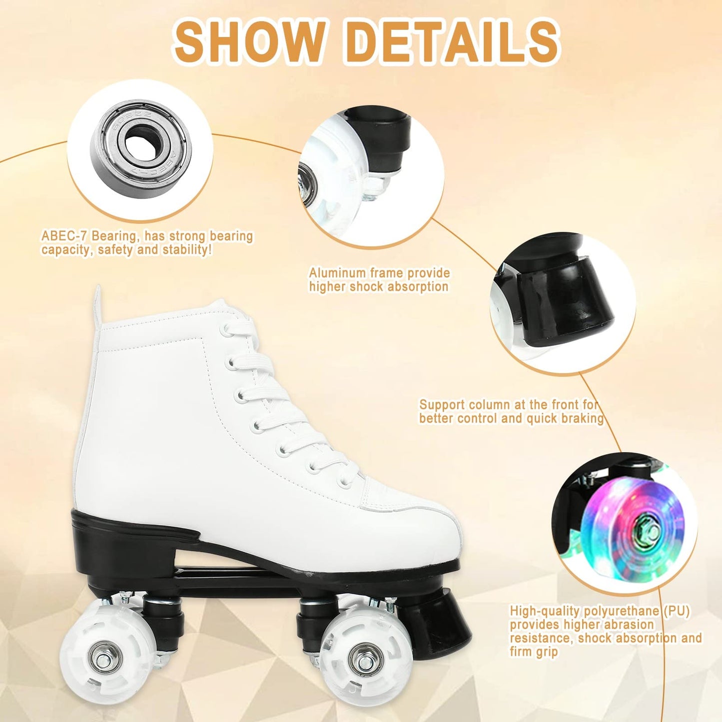 XUDREZ adjustable high-top roller skates with white flash wheels, double row design, suitable for indoor and outdoor use, size 36 UK.