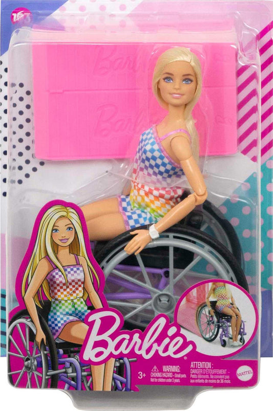 Barbie Fashionistas doll in a rainbow romper with a wheelchair and ramp, showcasing accessibility in kids' toys.