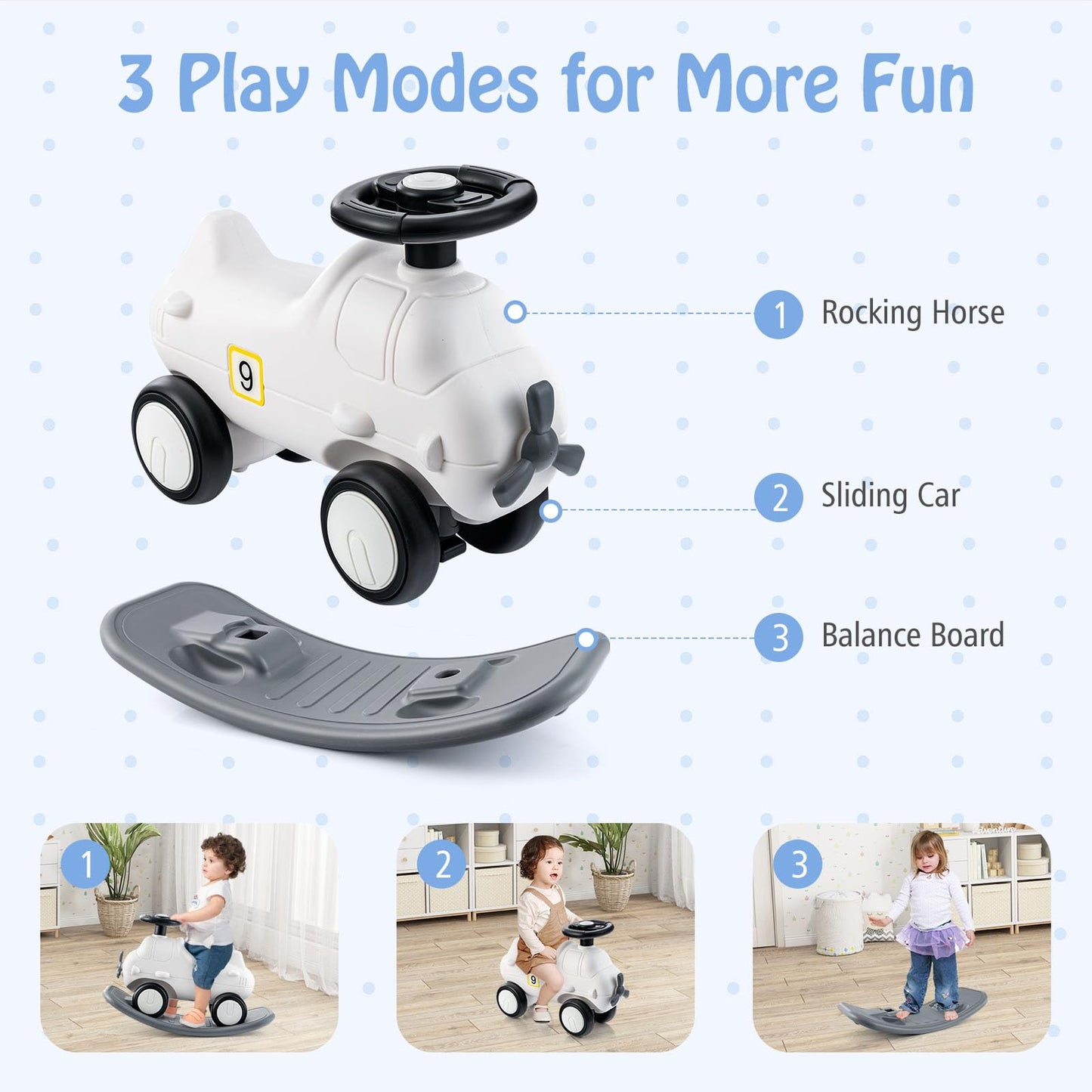 GYMAX Kids Rocking Horse, 3 in 1 Toddler Ride On Car with Detachable Balance Board, Foot to Floor Sliding Car Indoor Rocking Toy for 18-72 Months Boys Girls (White + Grey)