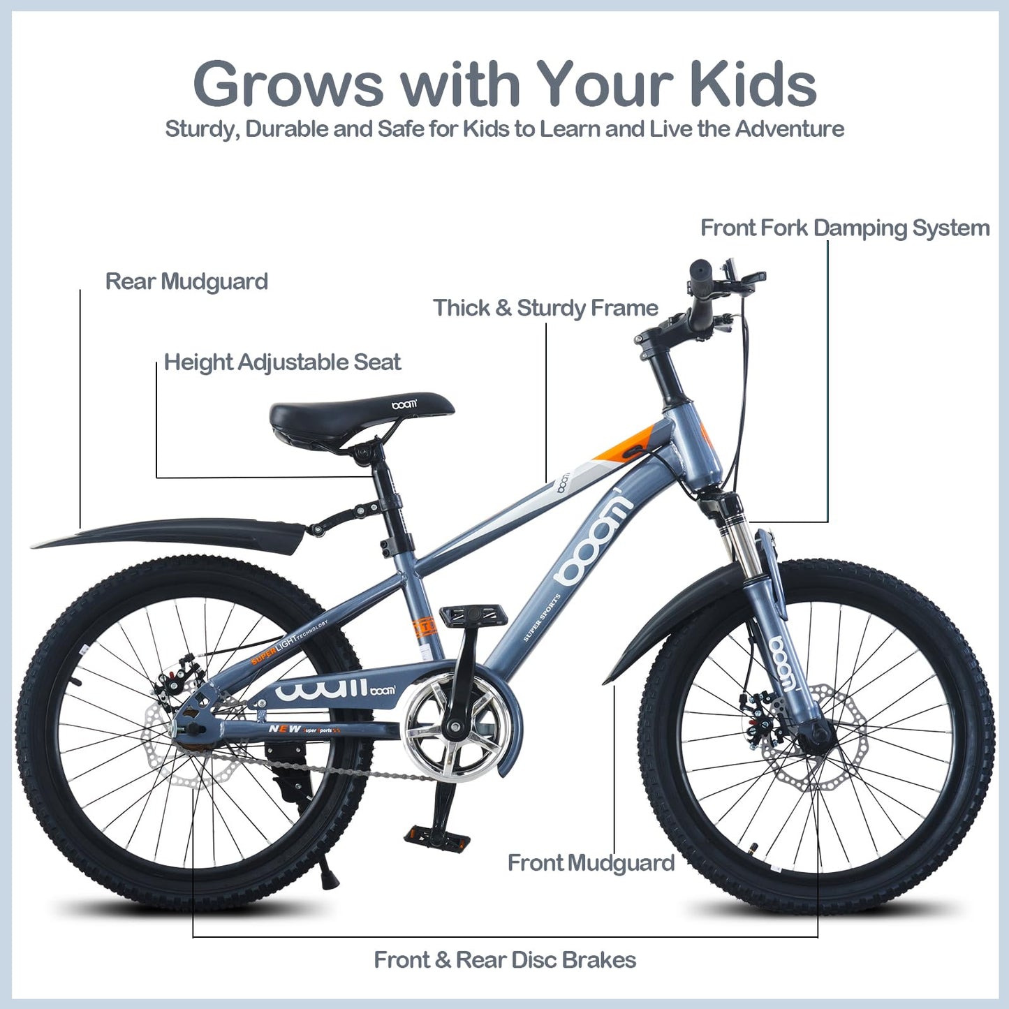 LSBIKE 18 20 22Inch Mountain Kid Bike, Children Bicycle for 5-13 Years Boys & Girls, Kid bikes with Front and Rear Disc Brakes, Mudguards and Front Shock Absorber, Reflector (Grey, 18inch)
