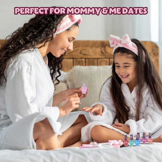 Barbie 18 Piece Set Kids Water Based Nail Polish Makeup Set, Includes 15 Nail Polishes with 2 Toe Spacer and 1 Nail File for Girls Ages 3+ by Townley Girl