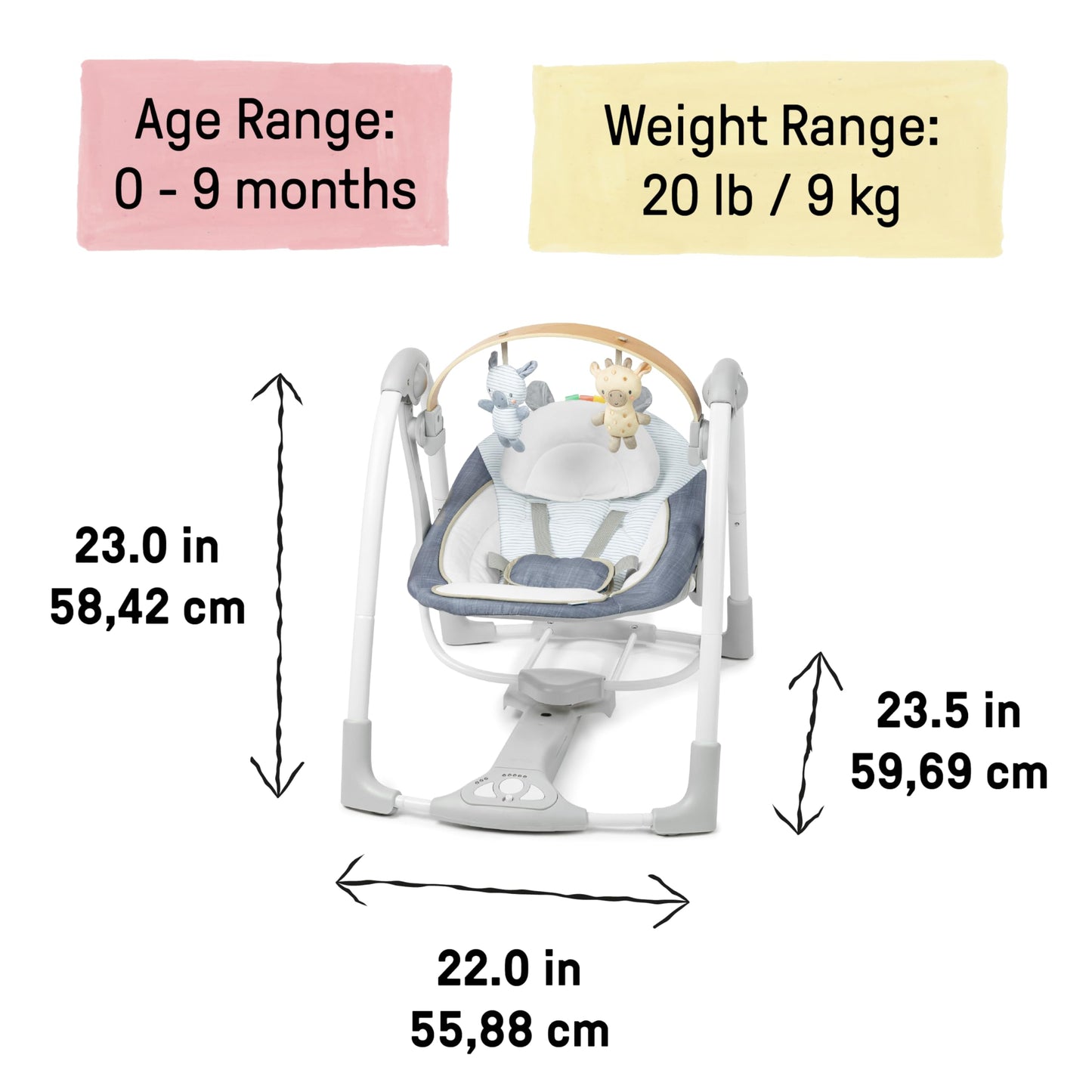 Ingenuity Swing n Go Portable Swing, Removable Sustainably Sourced Wood Toy Bar, 5-Speed, for Ages 0-9 Months, Up to 20 Pounds, Chambray