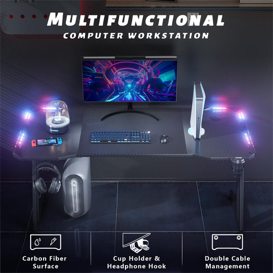 DLONGONE Gaming Desk with LED Lights, 120 x 60 cm Gaming Table Z Shaped, Gamer Desk with Carbon Fiber Coated, Gaming PC Table with Headphone Hook and Cup Holder, Computer Desks Easy to Assemble, Black