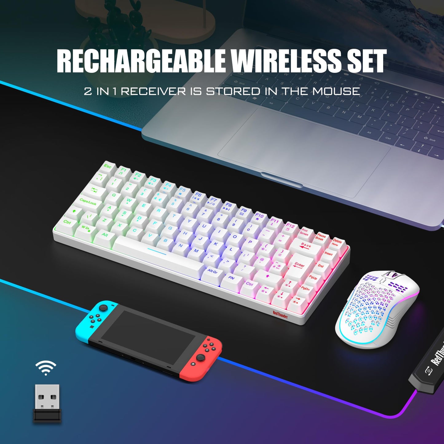 RedThunder K84 wireless gaming keyboard and honeycomb mouse with rainbow backlight, UK layout, compact design for PC and consoles.