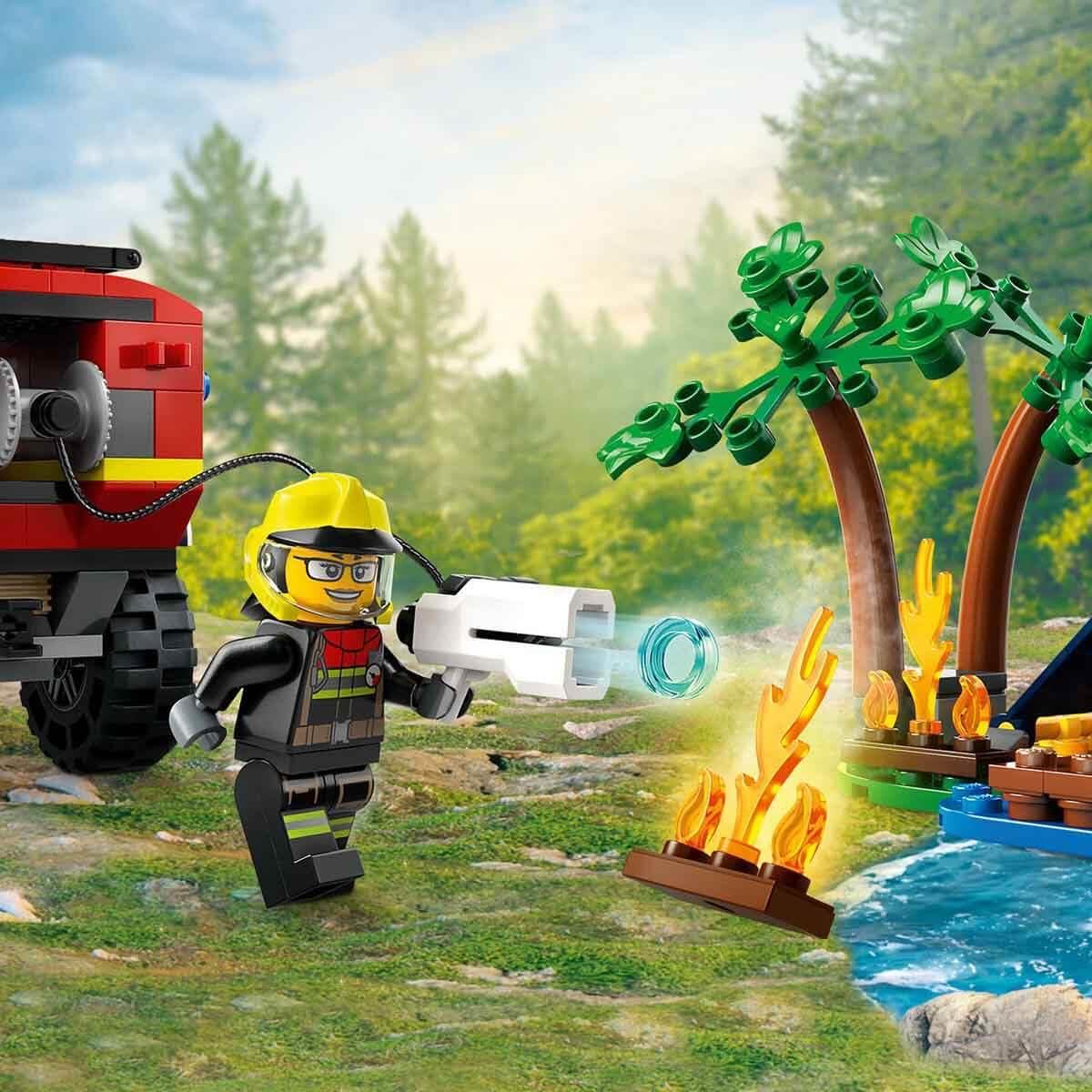 LEGO City 4x4 Fire Engine with rescue boat, trailer, tent, camper, and two firefighter minifigures for imaginative play.