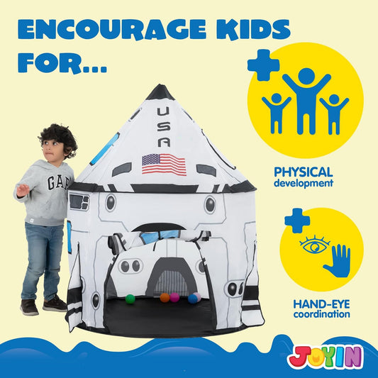 Joyin kids rocket ship play tent for indoor and outdoor use, colorful spaceship pop-up playhouse for children and toddlers.