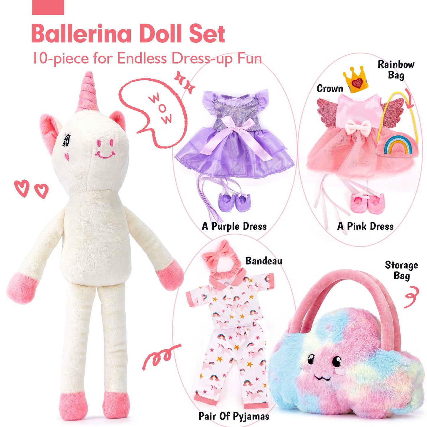 hahaland Unicorns Toys for Girls Age 3+, Ballerina Doll Plush Toys with 3 Outfits & Cloud Bag â Unicorn Stuffed Animal Soft Toys for Girls 3 4 5 6 Year Old, Ballet Dress Up Doll Gifts for Girl