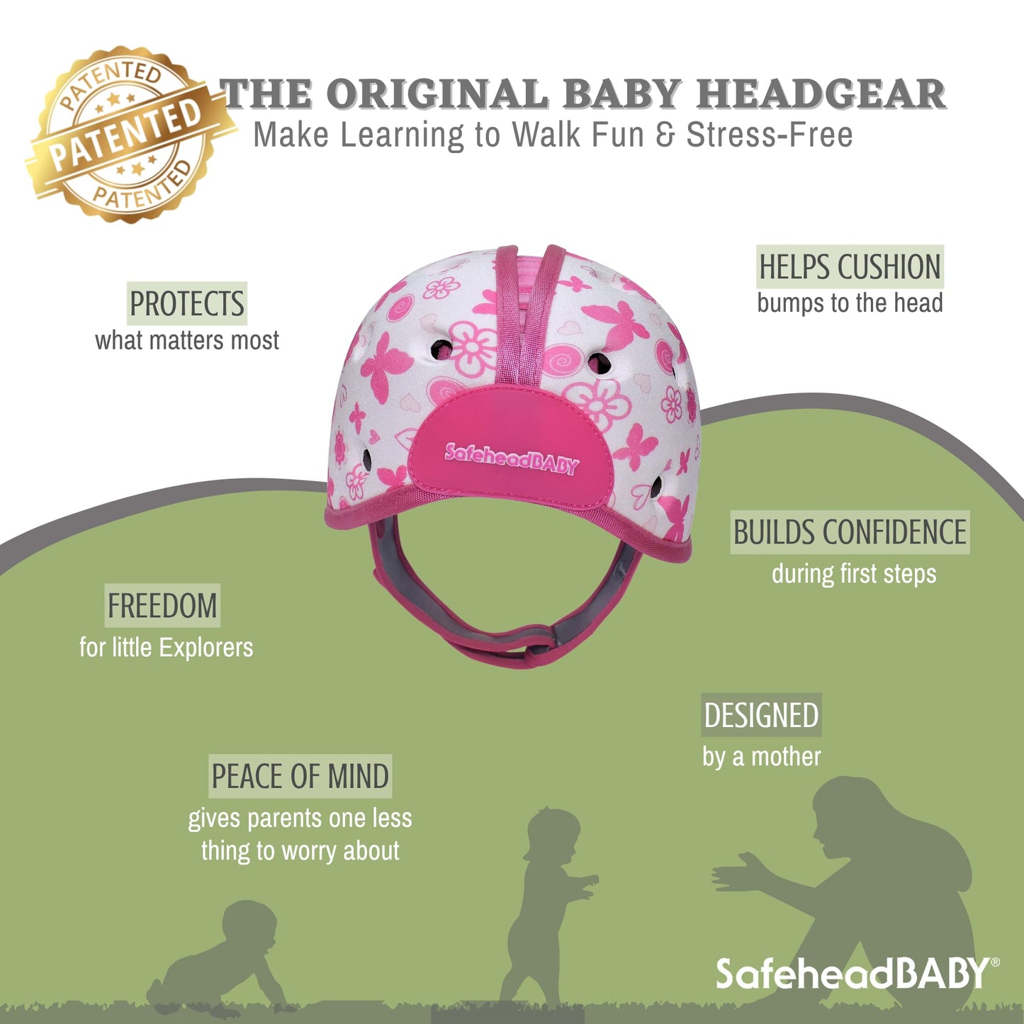 SafeheadBABY Soft Baby Head Protector Helmet for Crawling and Walking 7–24 Months – Ultra-Lightweight & Breathable Infant Safety Helmet That Grows with Your Baby (Circ. 40–52 cm) –Butterfly Heart Pink