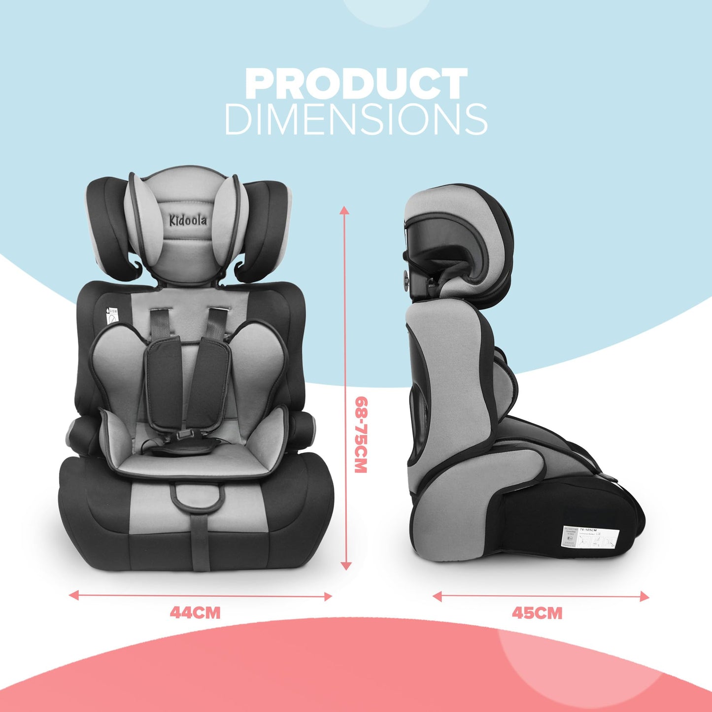 Kidoola Adjustable Car Seat for Toddlers & Children - Safety Certified Booster Seat, Padded & Comfortable with 3 Adjustable Age Functions & Straps, Up to 12 Years - ECE R44/04 (Grey & Black)