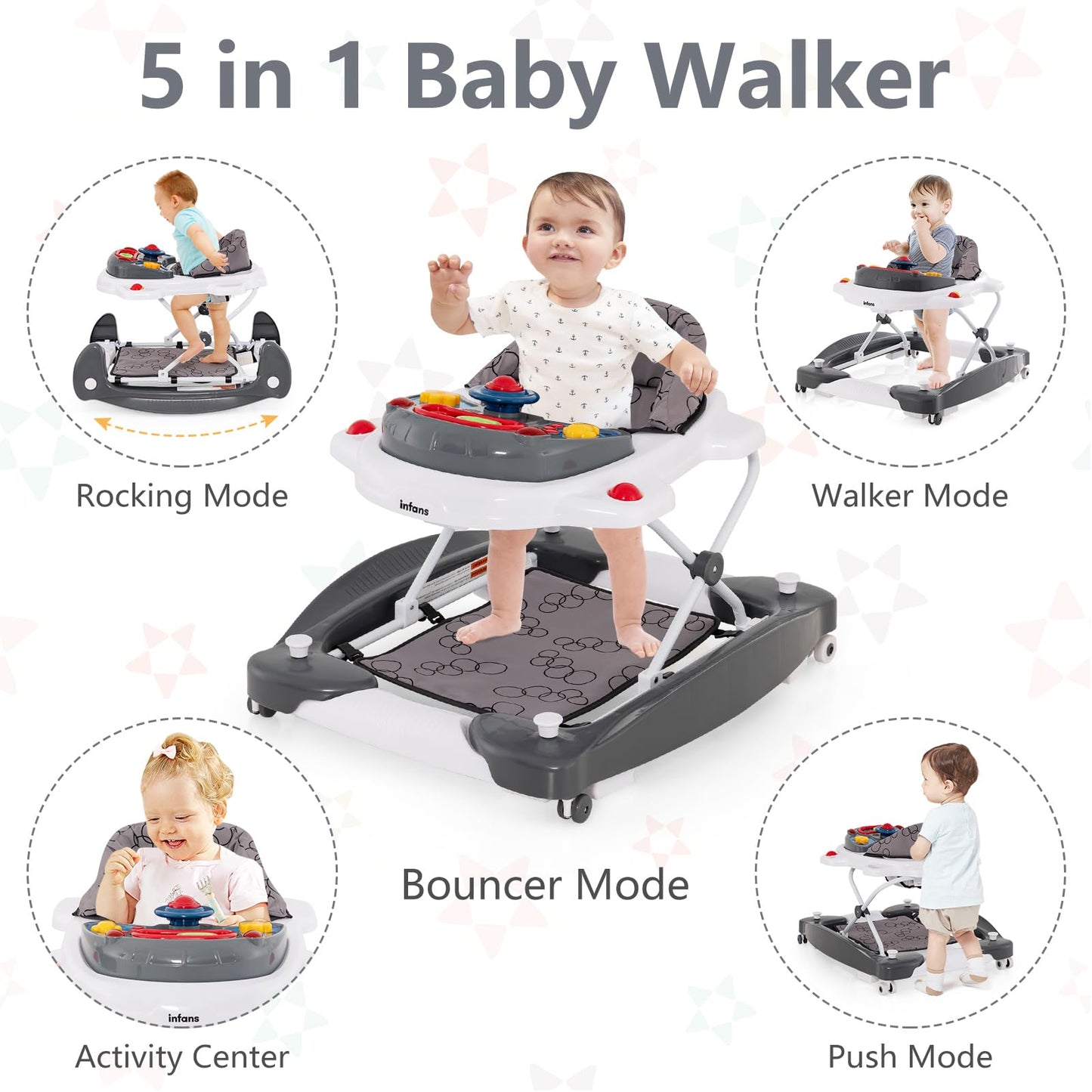 INFANS 5-in-1 baby walker in grey with removable music tray, adjustable height, washable seat cushion, and foldable activity center for toddlers.