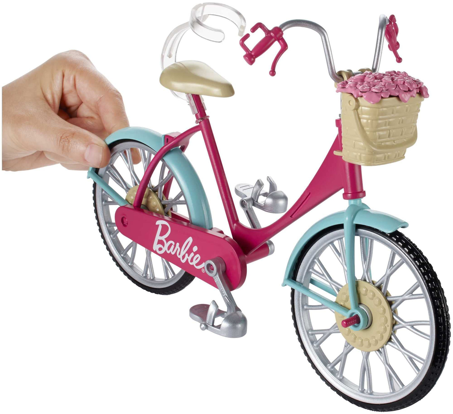 Barbie bicycle with a colorful basket of flowers, featuring a sleek design and bright colors for playful rides.