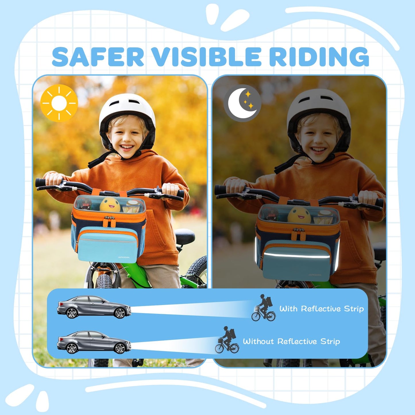 Jaffzora Kids Bike Basket, Front Frame Handlebar Bag for Toddler Scooter Tricycle Bicycle, Cute Small Fabric Bicycle Basket for Boys & Girls, Blue