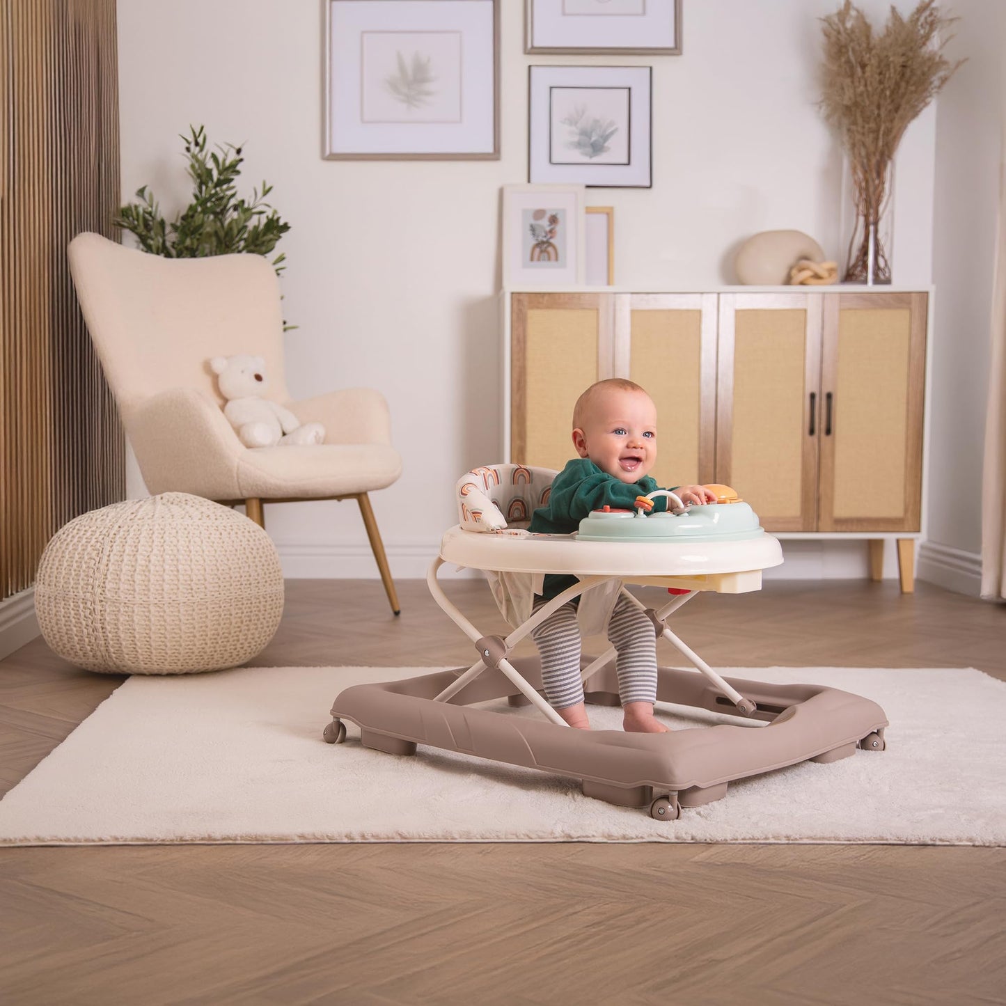 Red Kite Baby Go Round Jive electronic walker with interactive musical play tray, featuring woodland-themed design for infants.