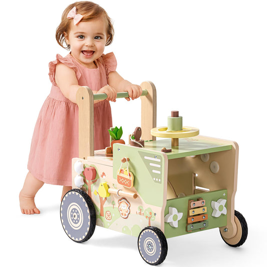 ROBUD farm-themed wooden baby walker with wheels, toddler activity center for 1-2 years, adjustable height and speed.