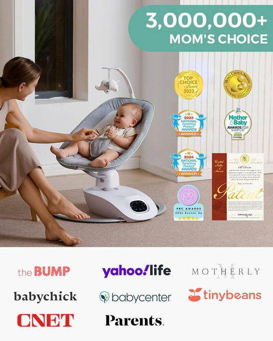 Momcozy CocoSway baby swing with 3D motion, remote, 6 movements, 4 speeds, and lullabies, suitable for infants and toddlers up to 20 lbs