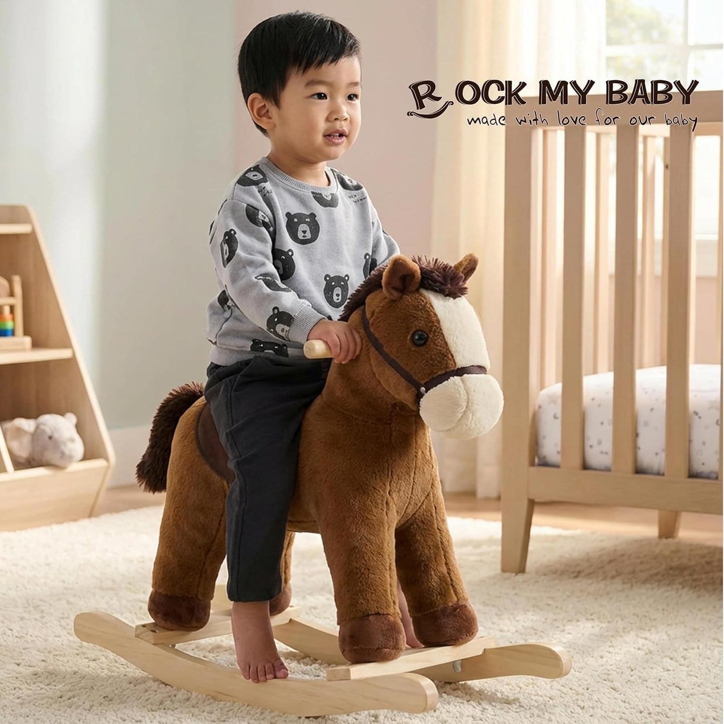 Rock My Baby Rocking Horse, Grey Wooden Horse with Sound Effects,Ride-on Toy,Balance Toy (Dark brown)