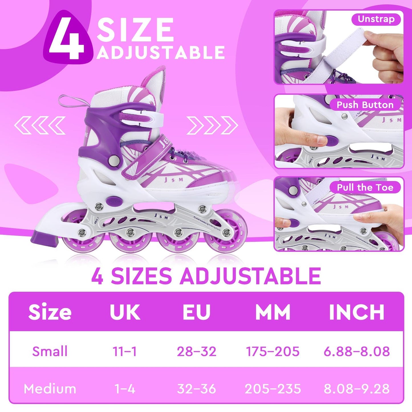 Kids Inline Skates Girls, Adjustable Roller Skates Blades with Light Up Wheels for Beginners Girls (Purple, Medium (UK 1-4))