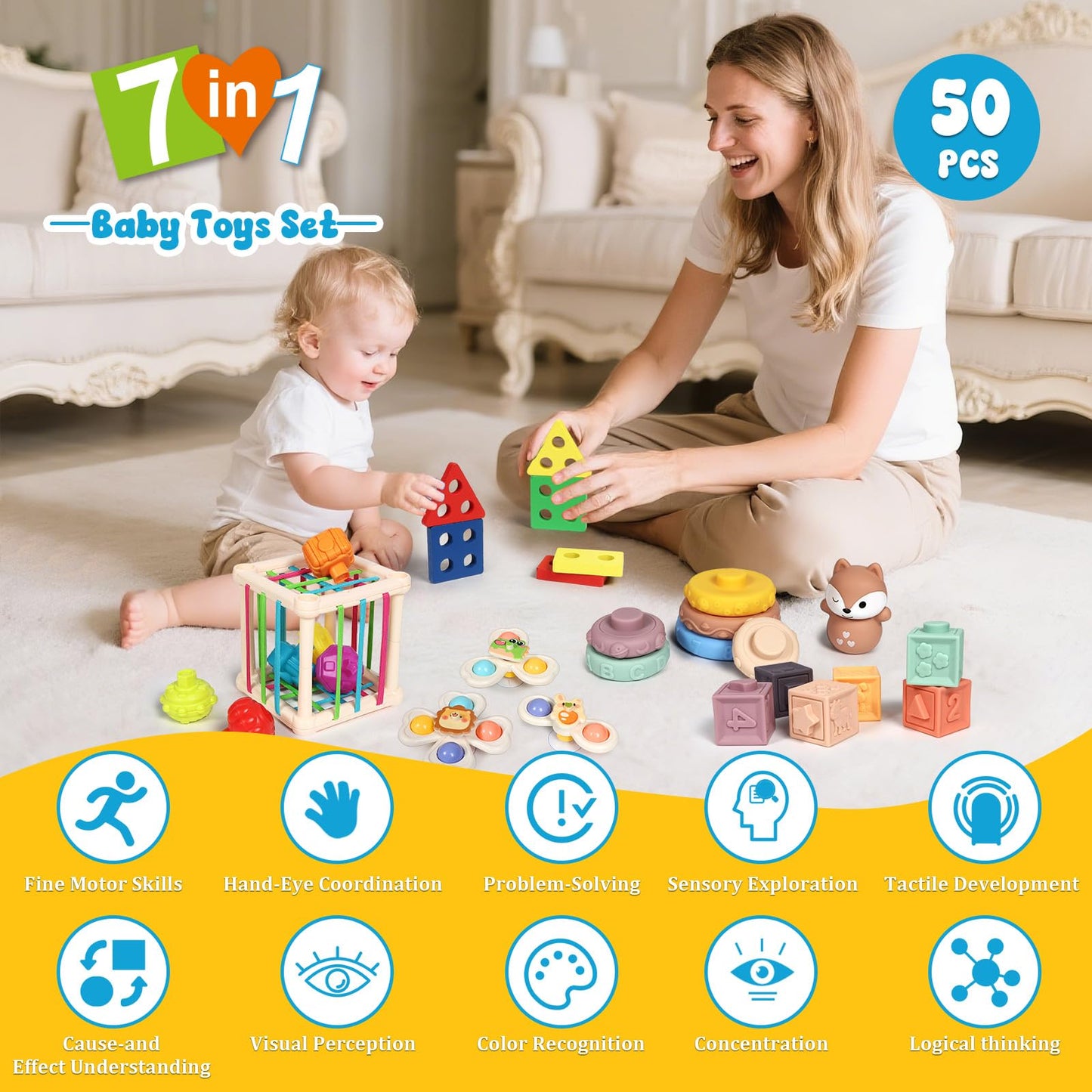 LearnToy Baby Toys 1 2 3 Years, Montessori 7-in-1 Activity Set - Stacking Blocks, Infant Teething Toy & Sensory Bin, Baby Boys & Girls Gifts