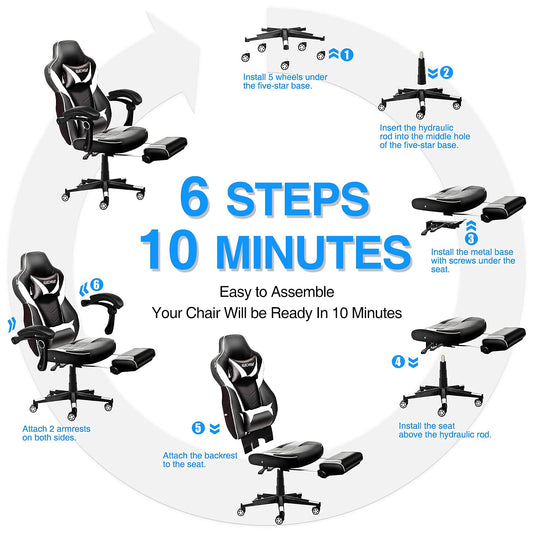 Fullwatt gaming desk chair with white PU leather, high back, adjustable arms, footrest, reclining and swivel features for home office.