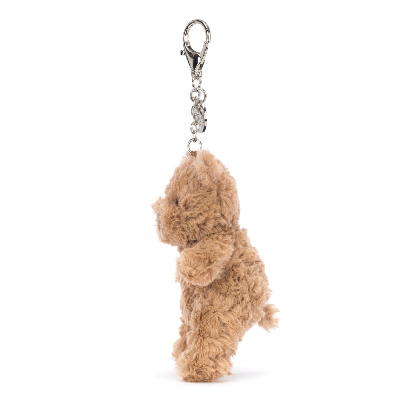 Jellycat Bartholomew Bear bag charm, a cute plush bear with a soft texture, measuring 5cm x 6cm x 12cm.