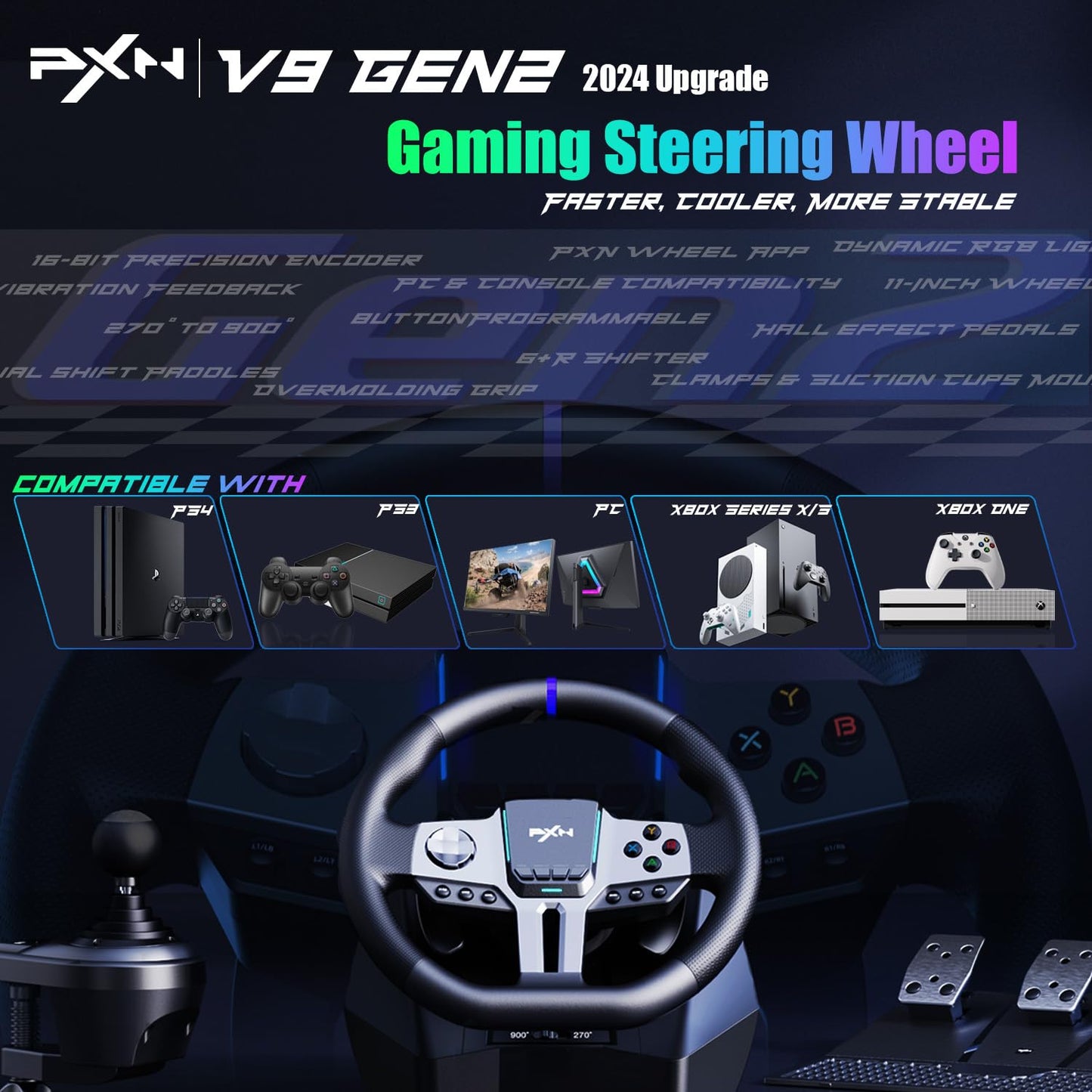 PXN V9 Gen2 Gaming Steering Wheel with Pedals and Shifter - 270°|900° Racing Wheel, Vibration Feedback, Hall Effect Pedal, Paddle Shifters, Tools APP - Steering Wheel for PC, PS3, PS4, Xbox