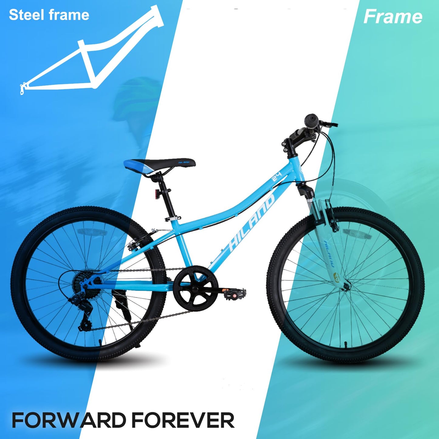 HILAND 24 Inch Kids Mountain Bike, 7 Speed MTB Bike for Boys Girls, Kids Mountain Bicycle with Suspension Fork V-brakes, Blue