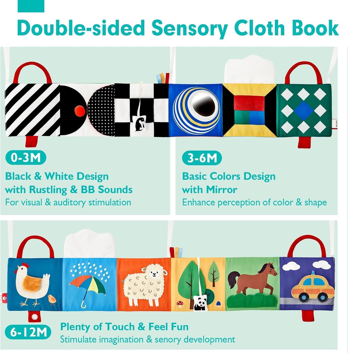 hahaland Baby Sensory Toys 0-6 Months Black and White High Contrast Tummy Time Toys - Soft Books with Mirror Crinkle Books Folding Touch Feel- Newborn Pram Toys Boys Girls Gifts 0-3 6 9 12 18 Months