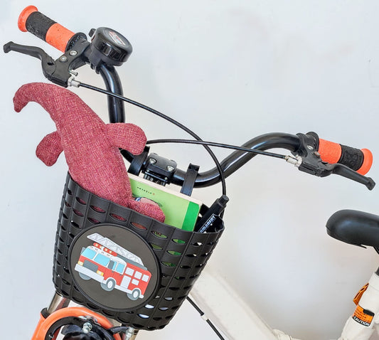 YeloYolker Boys Bike Basket with Bell, Cute Bicycle Front Handlebar Basket for kids, Toddlers, Plastic Scooter Basket(Fire Truck)