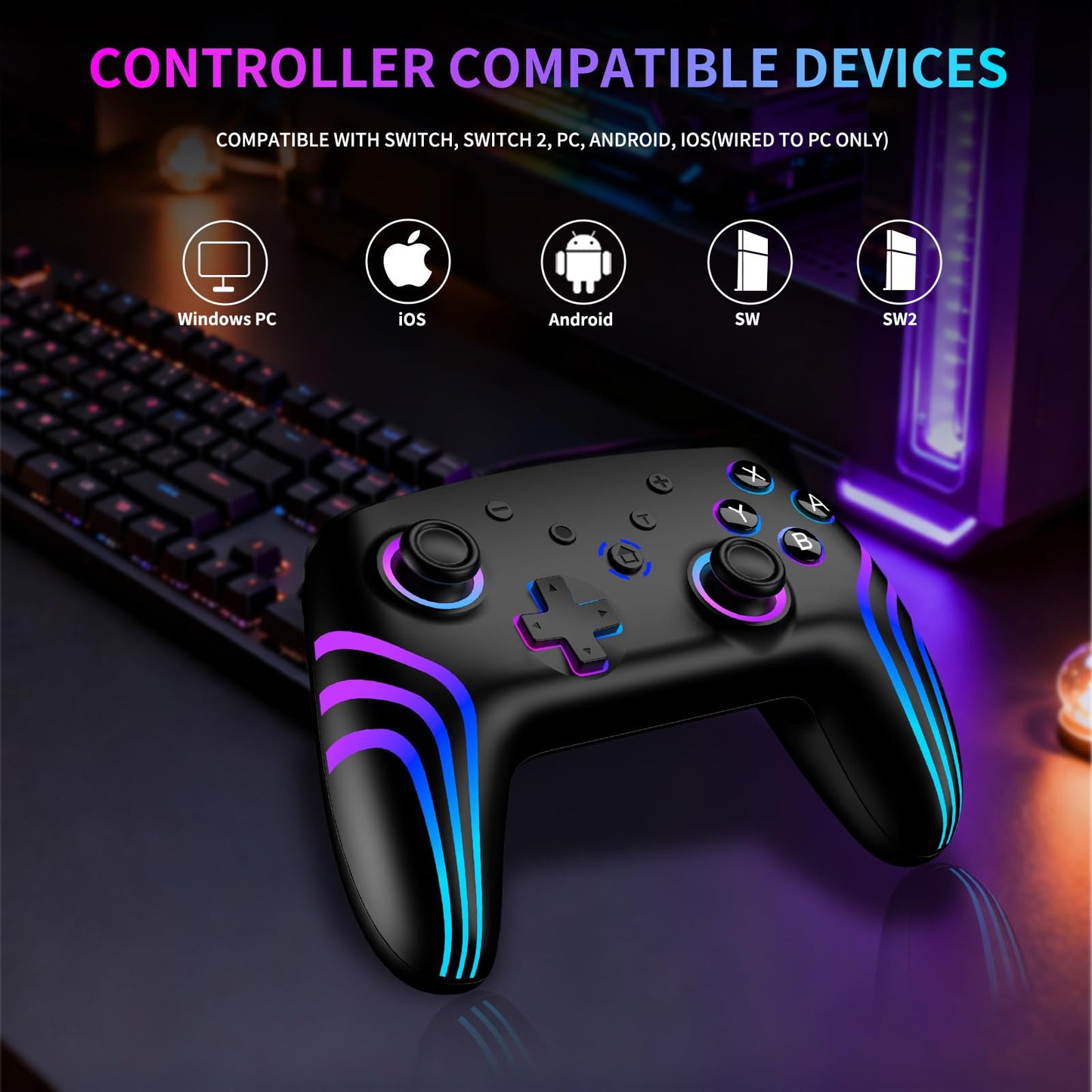 Riscvma 2pcs Controller for Switch/Switch 2/Lite/OLED/PC, Wireless Controller for Switch with 7 Color Changing RGB Lighting/Dual Vibration/6 Axis Gyroscope/Turbo, Ergonomic Precise Joystick