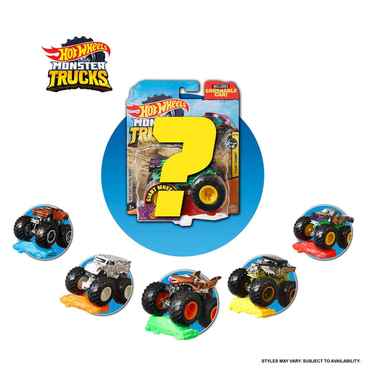 Hot Wheels Monster Trucks Set (Assorted Styles, One Random Set), 1 Toy Truck in 1:64 Scale & 1 Crushable Car, Vehicle Play for Kids & Collectors, FYJ44