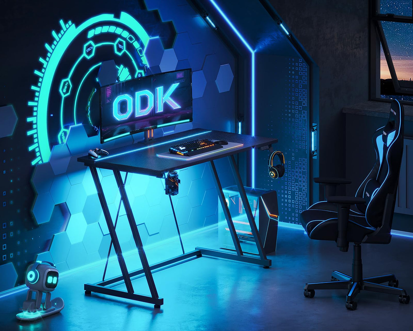ODK Gaming Desk with LED Lights, Gaming Table with Cup Holder and Headphone Hook, Double Z Frame Design Computer Desk Carbon Fiber Black 80 cm