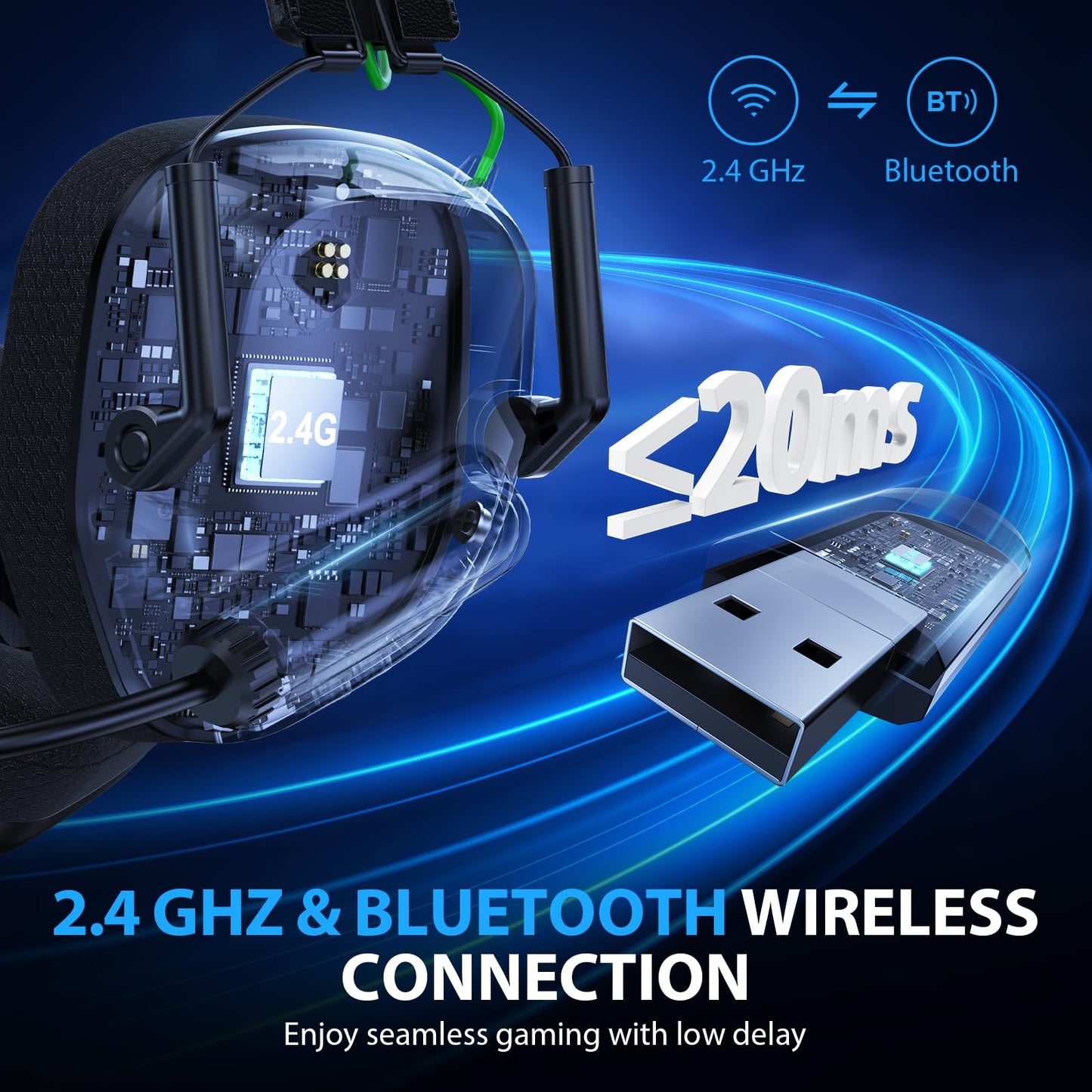 Vakedy Wireless Gaming Headset, 2.4GHz USB & Bluetooth Gaming Headphones with Mic, Ultra-Light, 50mm Drivers, Low Latency, 50Hr Battery Gamer Headset for PC, PS5, PS4, Mac, Switch (Black)