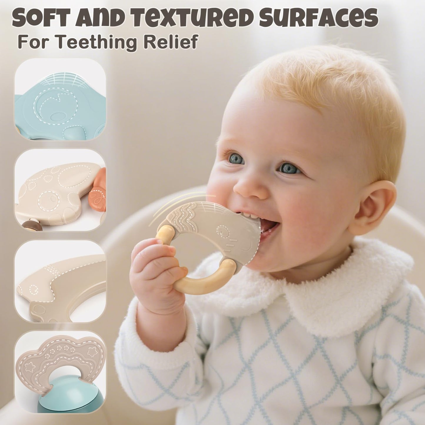 Vanplay baby toys set for 0-6 months, featuring rattles and teething toys in a storage box, includes 10 colorful pieces.