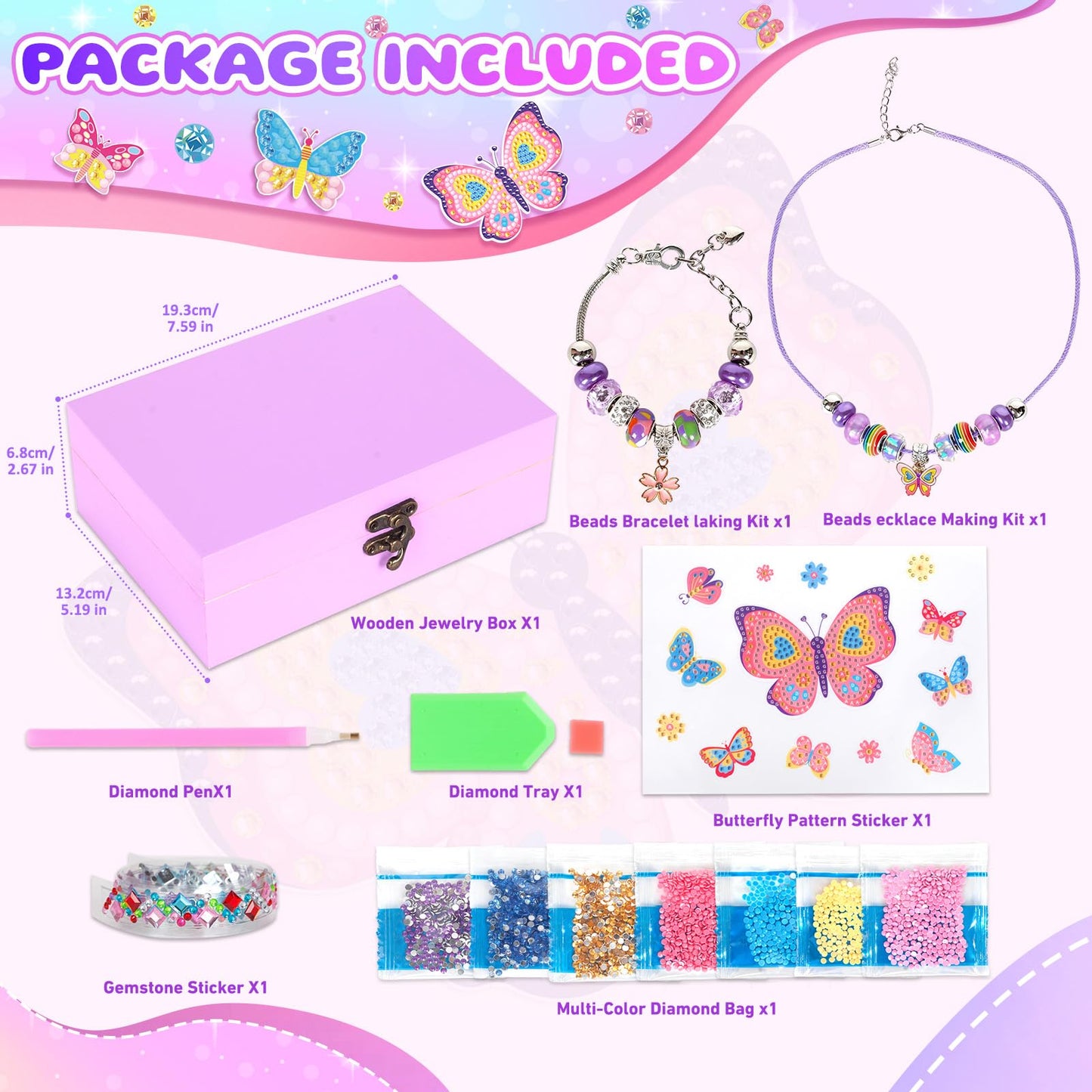 PinkSheep Wooden DIY Jewellery Box for Girl 6-12, Arts and Crafts Kits with Necklace Bracelet, Diamond Tape, Ddiamond Painting Box, DIY Pirate Treasure Chest Set for Kids (Purple Butterfly)