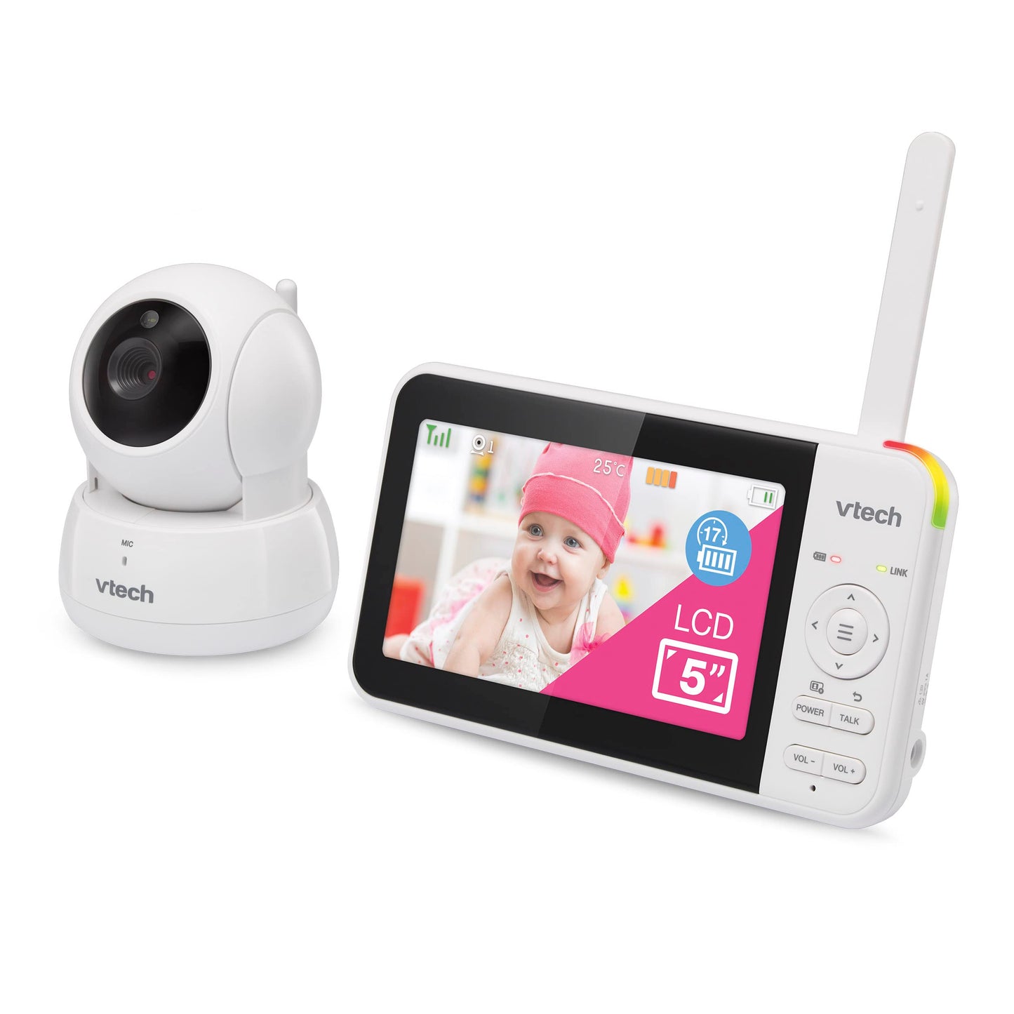 VTech VM924 video baby monitor with camera, 5" LCD screen, night vision, pan and tilt, and two-way talk system.