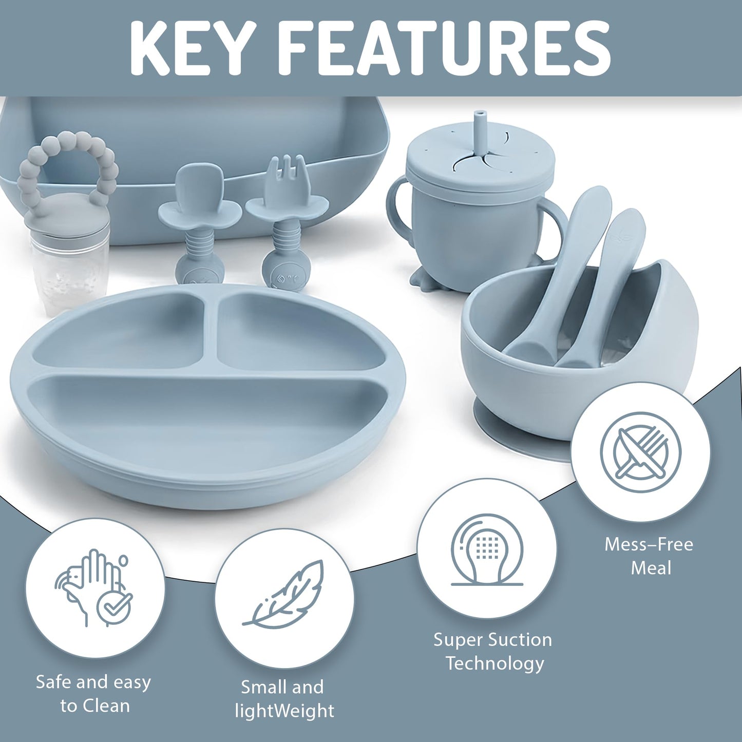 Indique Baby Weaning Set - 11 Pcs Silicone Baby Feeding Set with Suction Plate, Weaning Kit with Adjustable Bib, Fork, Spoon, Fruit Feeder & Toothbrush – Ideal Weaning Set Gift (Blue)