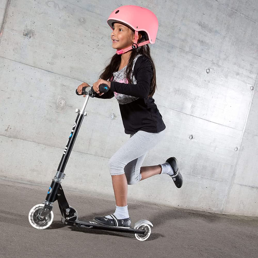 Micro Scooters | Micro Sprite Classic LED Children's Scooter | Handlebar Adjustable | Light Up Wheels | Foldable | Kickstand | 5 to Teen | Boys & Girls | Black