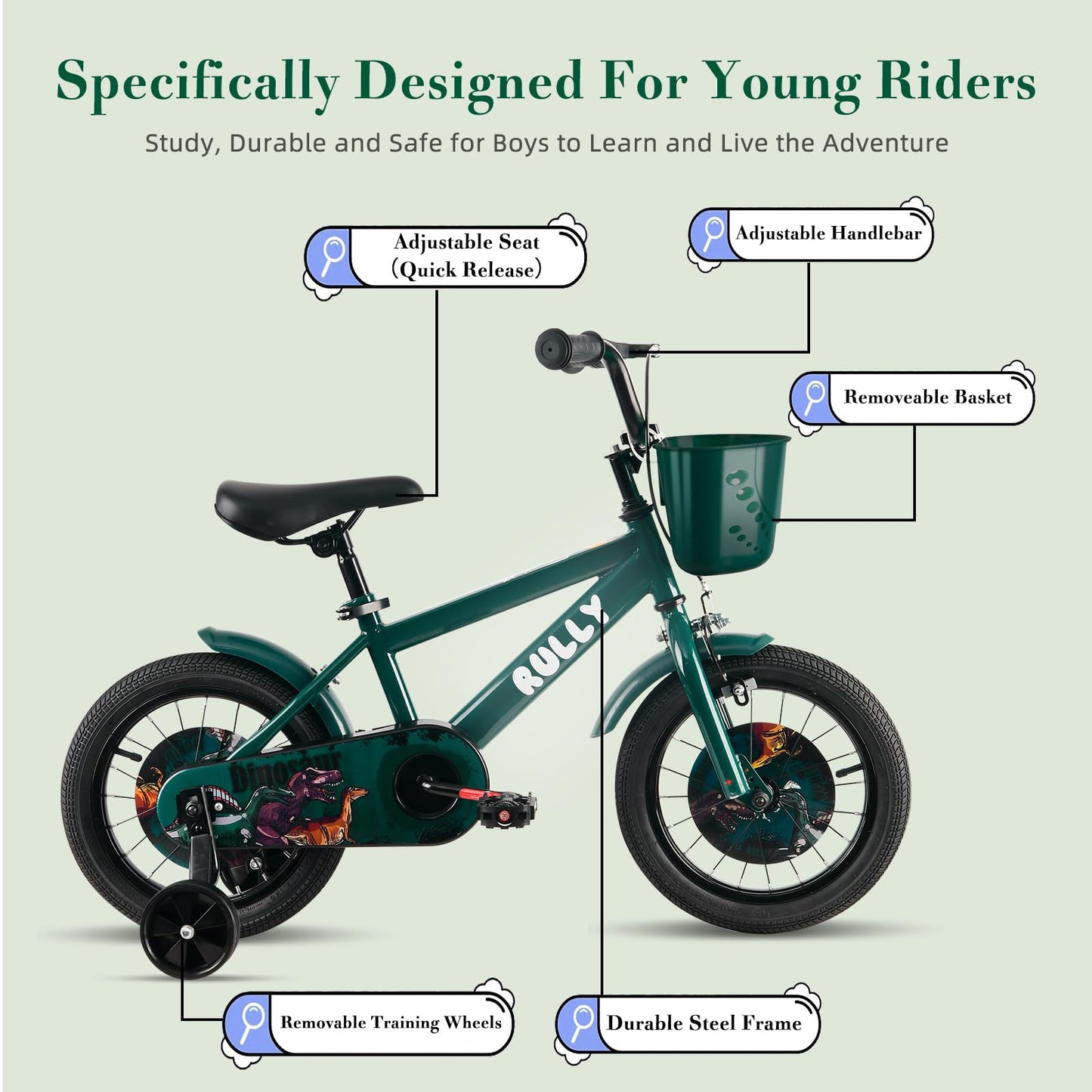RULLY Dinosaur 12 Inch Boy's Bike for 2 3 year kid,Green theme designs kids bicycle with Removable Training Wheels,Coaster Brake and Handbrake, Basket
