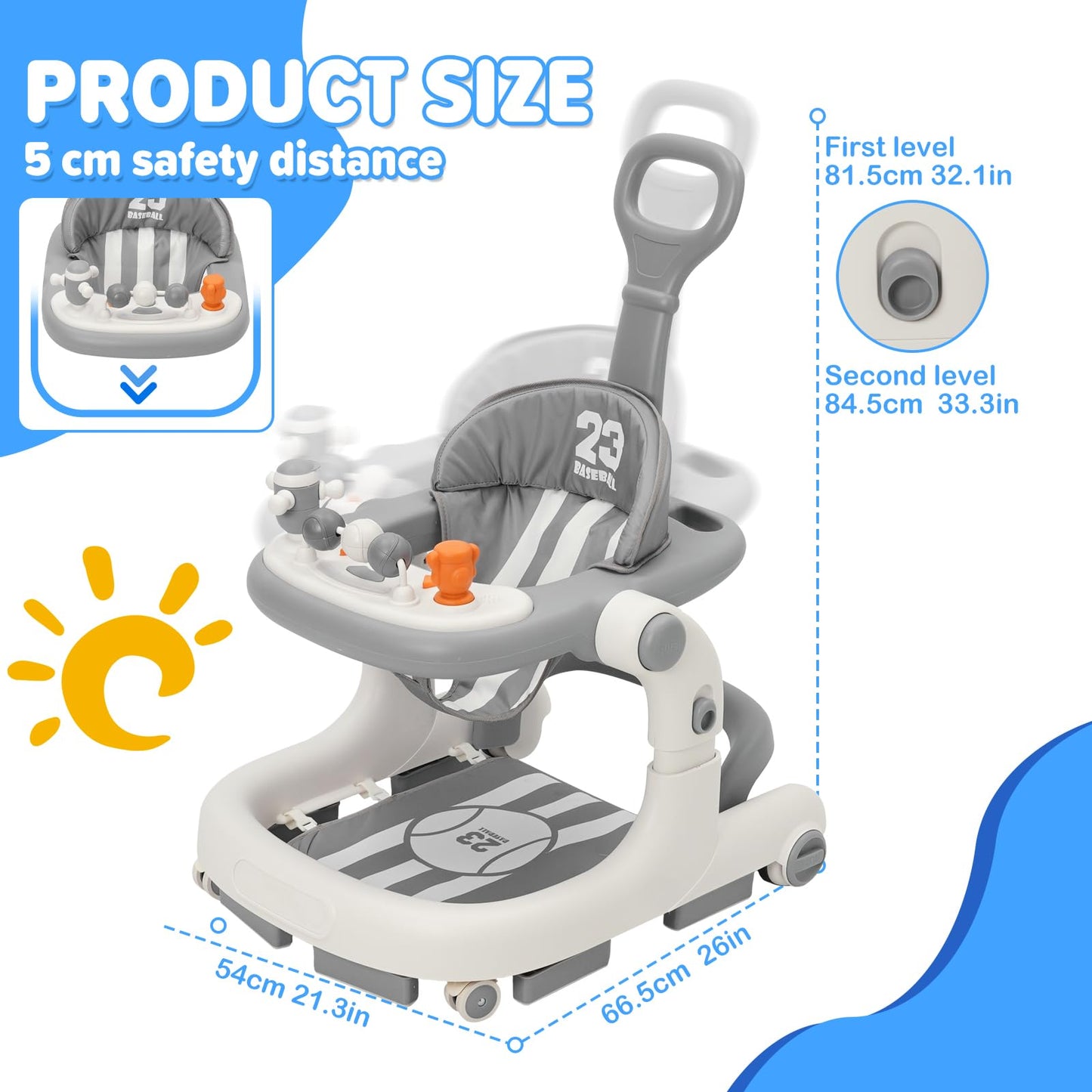 Yosamy 3-in-1 baby walker with lights, music, adjustable height, anti-rollover design, suitable for boys and girls ages 6-12 months