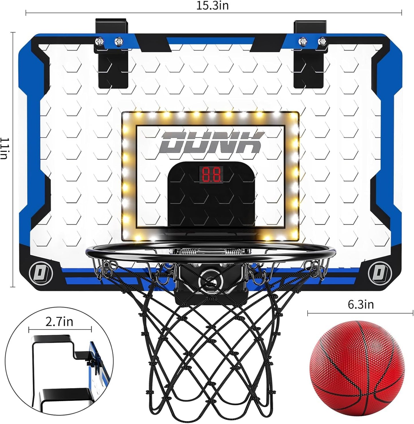 TEMI Indoor Basketball Hoop for Kids, LED Light Door Basketball Hoop, Mini Backboard with Electronic Scoreboard & 4 Balls, Basketball Kids Gift 5 6 7 8 9 10 11 12 Year Old Boys Girls Teen