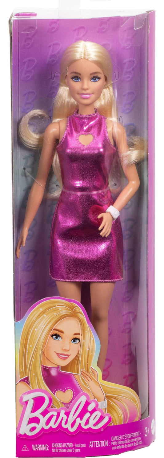 Barbie Fashionistas Doll #230 in metallic pink minidress with heart cut-out, white bracelet, and heels.