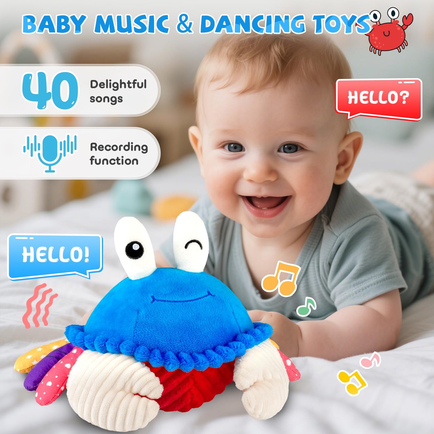 SAIMAND Dancing Crab Baby Toys 6-12 Months, Musical Crawling Crab with Music, Record & Replay, Montessori Sensory Plush Tummy Time Toys for 1 2 3 Year Old Boys and Girls Gifts (Blue)