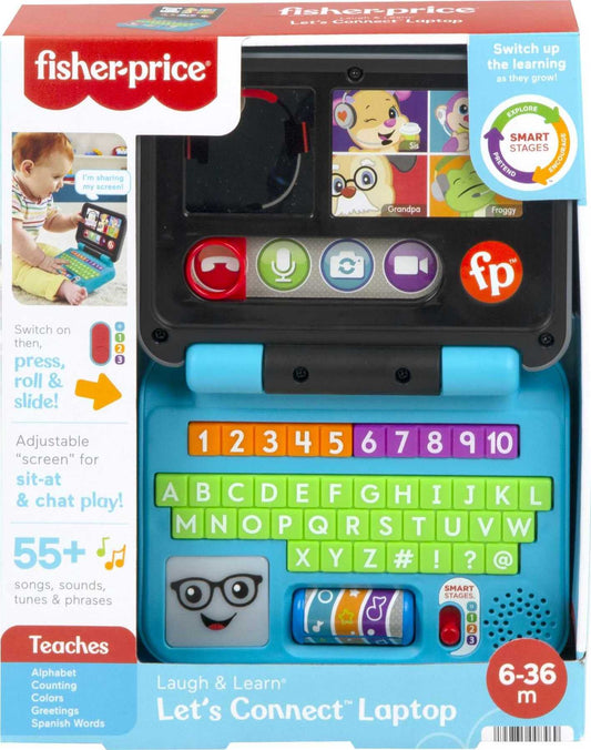 Fisher-Price Laugh & Learn Let's Connect Laptop toy with colorful buttons and screen for infant learning and play.