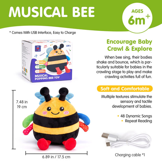 hahaland 4-IN-1 Dancing Bee Baby Toys 6 to 12 Months Boys & Girls Montessori Plush Interactive Sensory Tummy Time Toys, Musical Crawling Walking and Speaking Learning Gifts