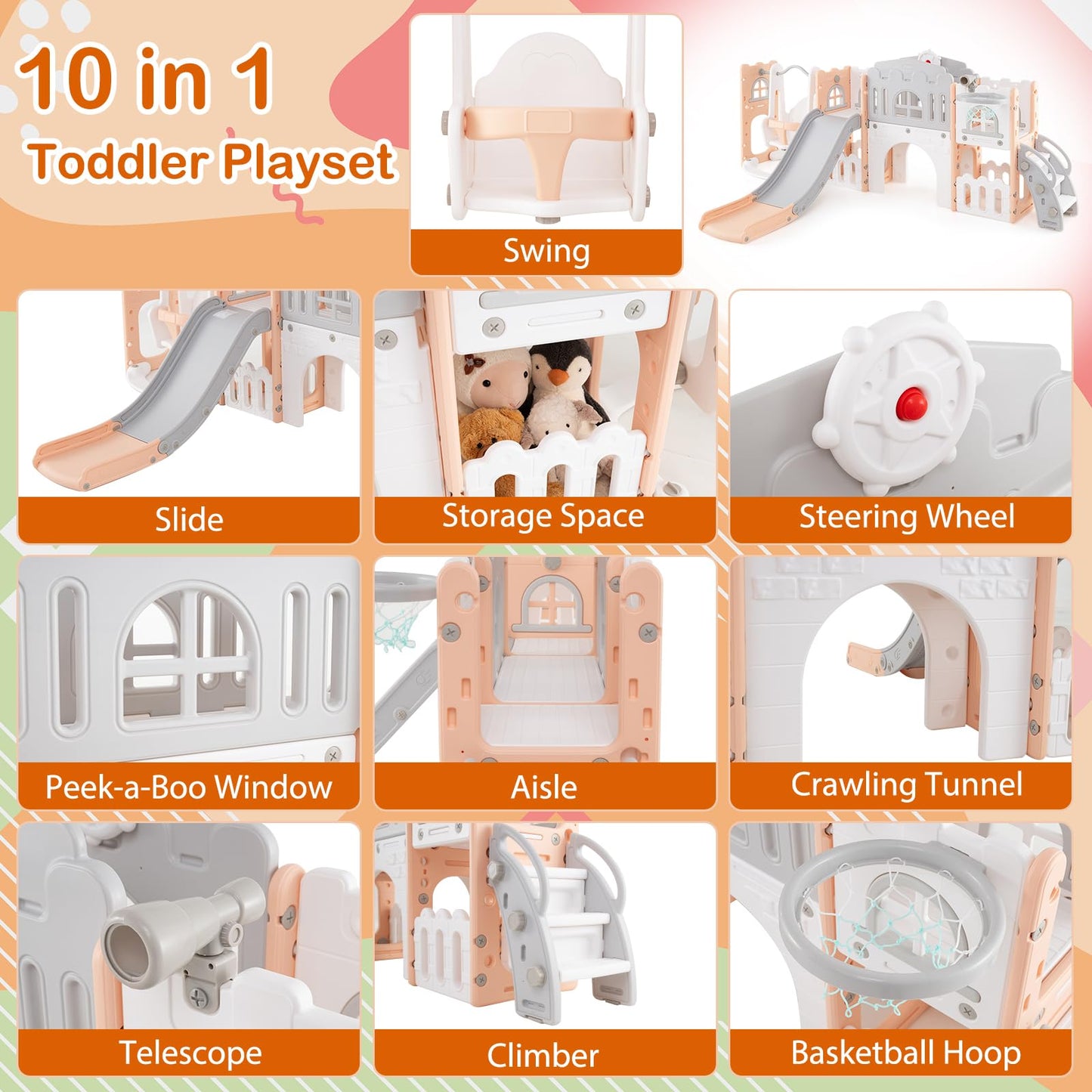 COSTWAY Toddler Swing and Slide Set, 10 in 1 Kids Slide with Climber Ladder, Basketball Hoop, Telescope, Tunnel, Storage Space, Indoor Outdoor Playground for 1+ Years Old (Grey + Pink)