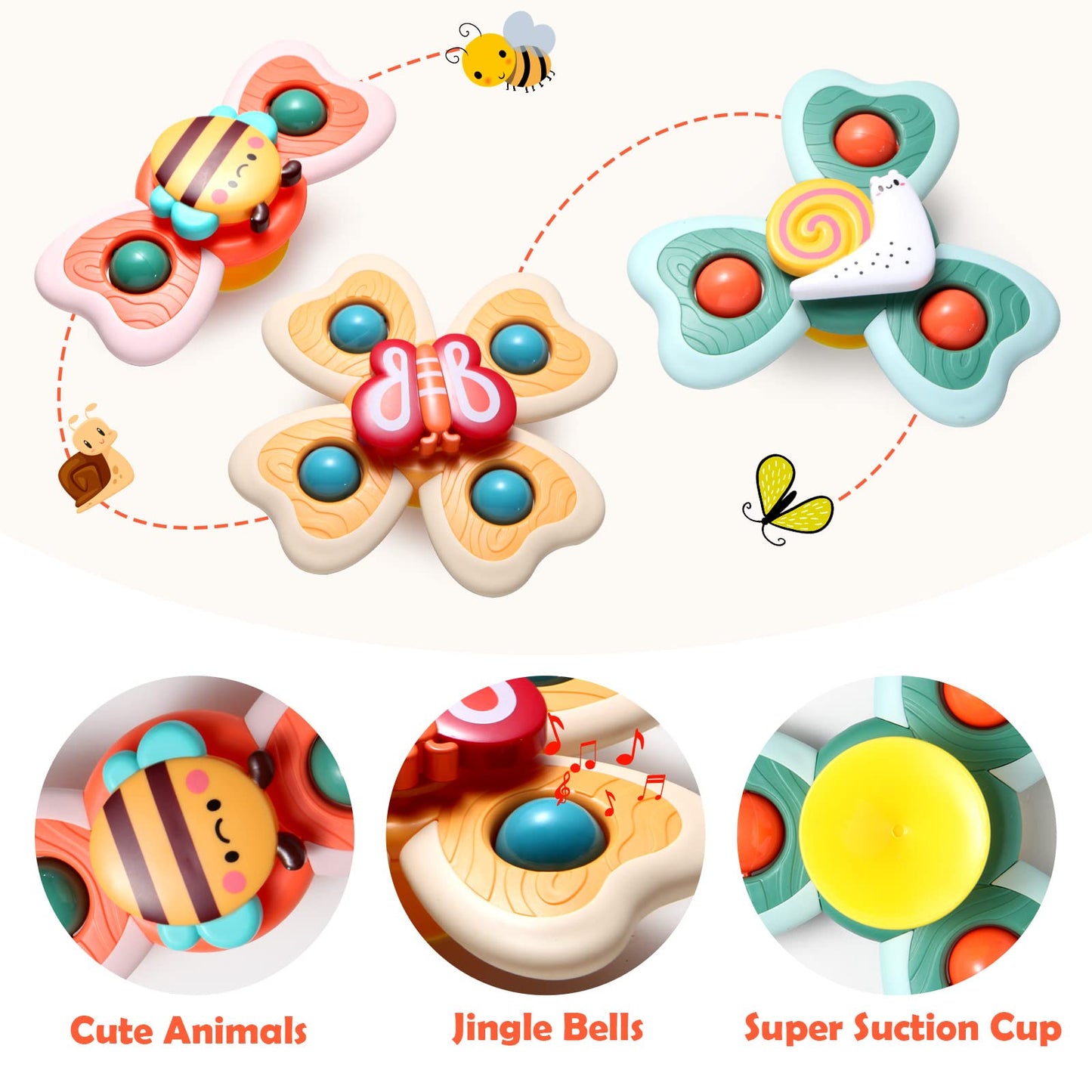 Hooku Suction Spinner Toys, 3 Pcs High Chair Toys with Suction Cups, Spinning Toys 1-3, Birthday Gifts for Infants Boy Girl, (A6)