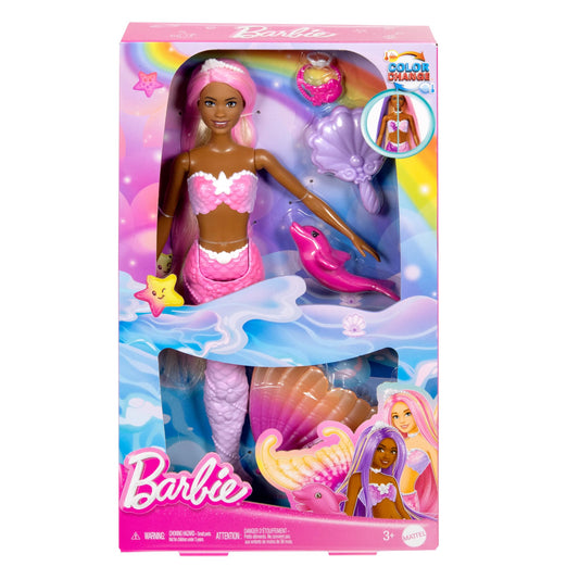 Barbie Mermaid Doll “Brooklyn” with pink hair, styling accessories, and pet dolphin showcasing color change feature in water.