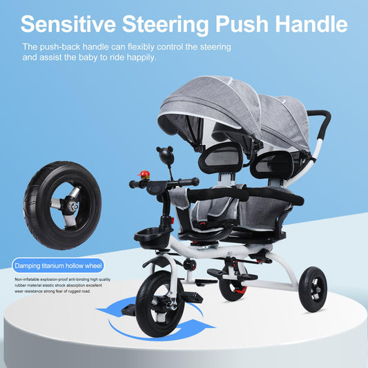 Double Pram Tandem Tricycle Buggy Stroller - Double Seat with Canopy for Kids 2-8 Years Old, Lightweight and Durable Double Pushchair for Easy Transport and Comfort.